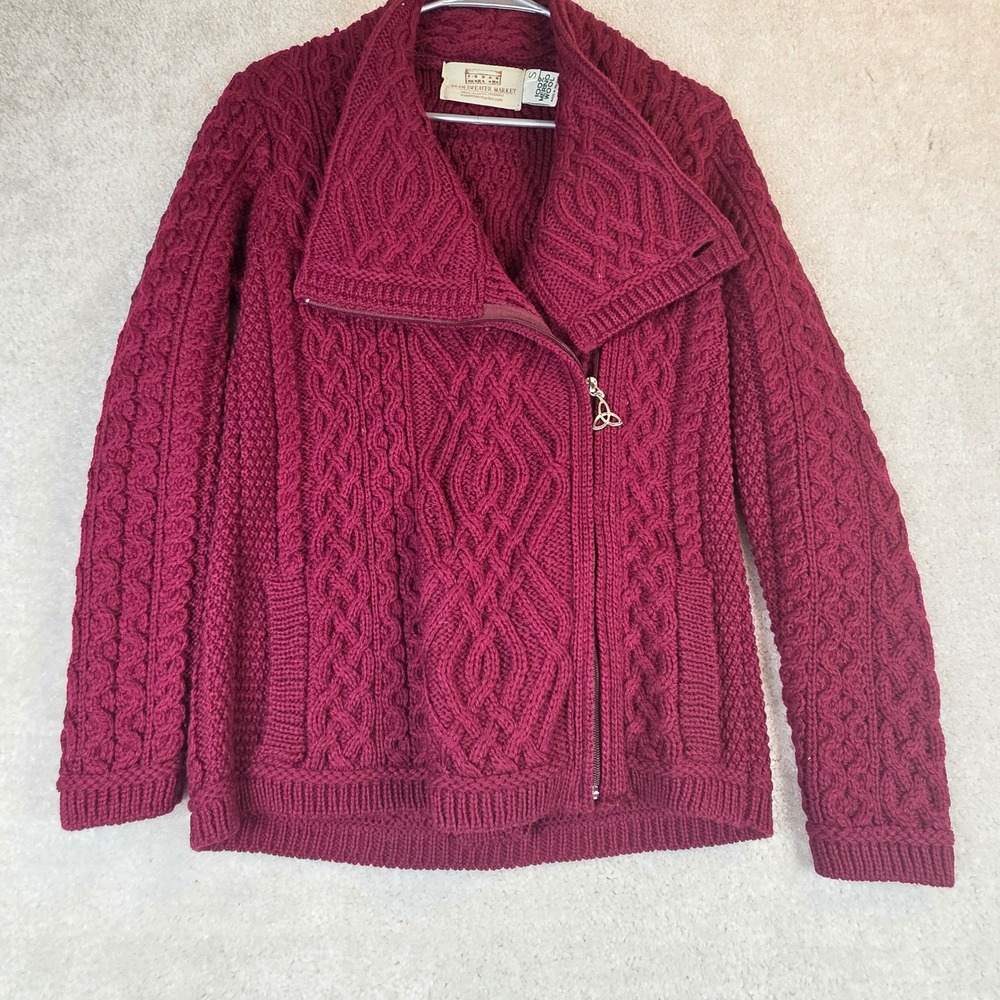 Aran Sweater Market Burgundy Merino Wool Cable Knit Side Zip Cardigan Small